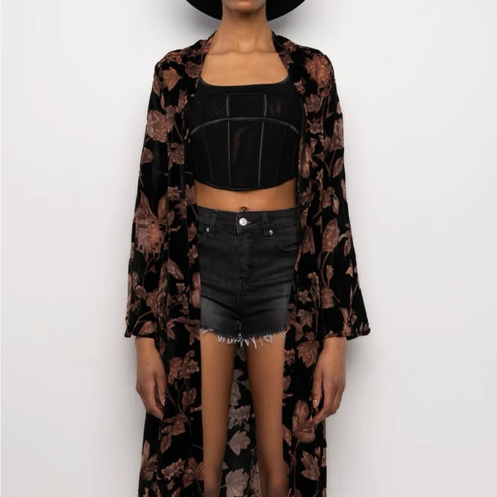 AKIRA Black Velvet Floral Long Robe with Brown Floral Print